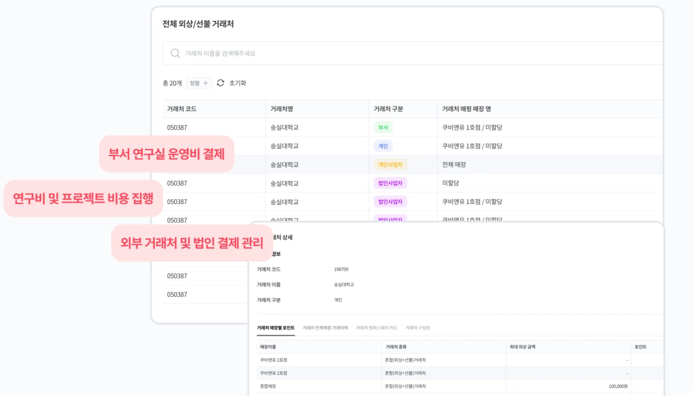 부서 연구실 운영비 결제, 연구비 및 프로젝트 비용 집행, 외부 거래처 및 법인 결제 관리가 가능한 거래처 관리 화면